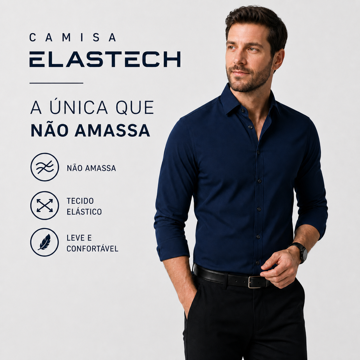 Camisa Elastech Social Anti Amassados + Brinde Relogio Social