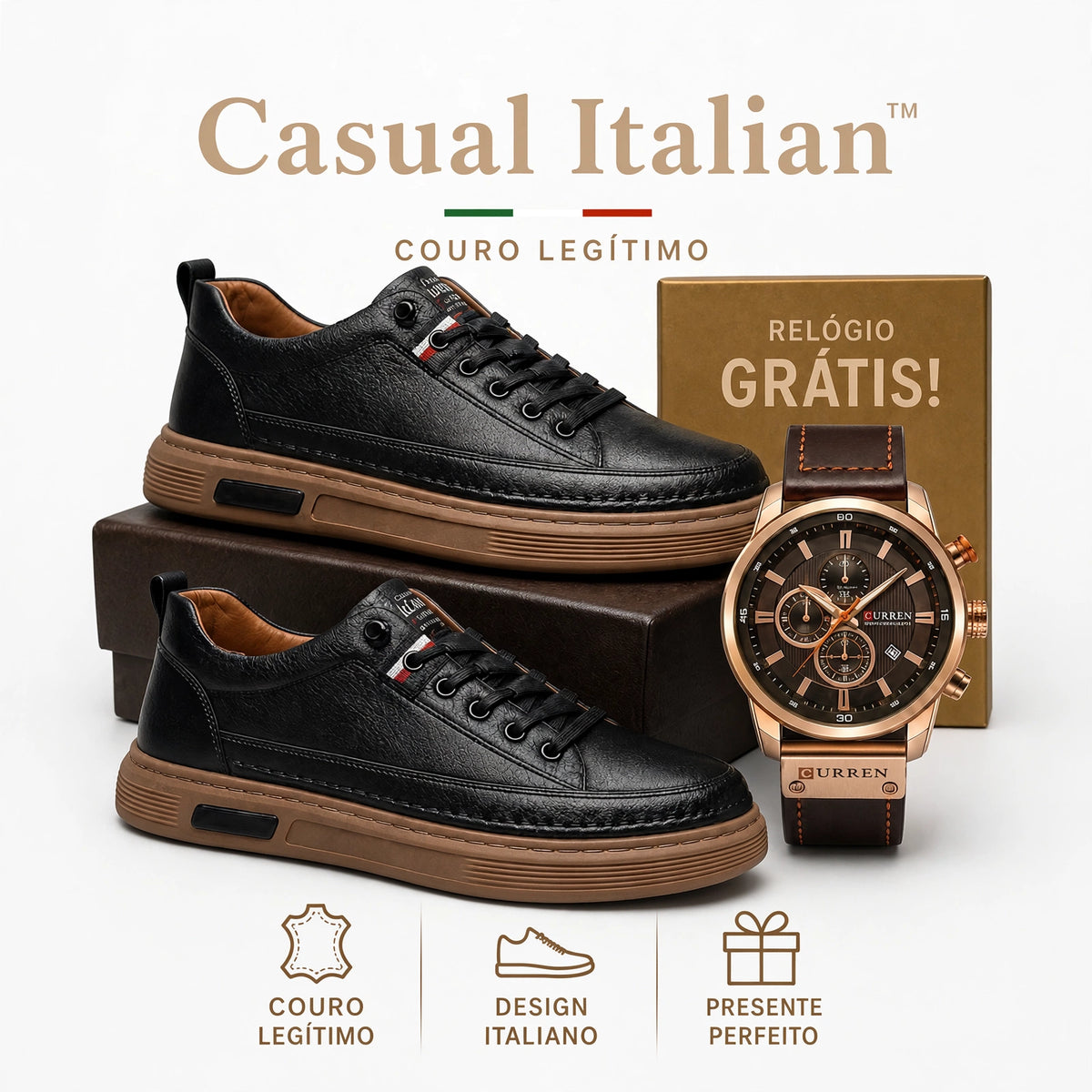 Tênis Casual Italian™ - de couro Legitimo + Relogio Brinde