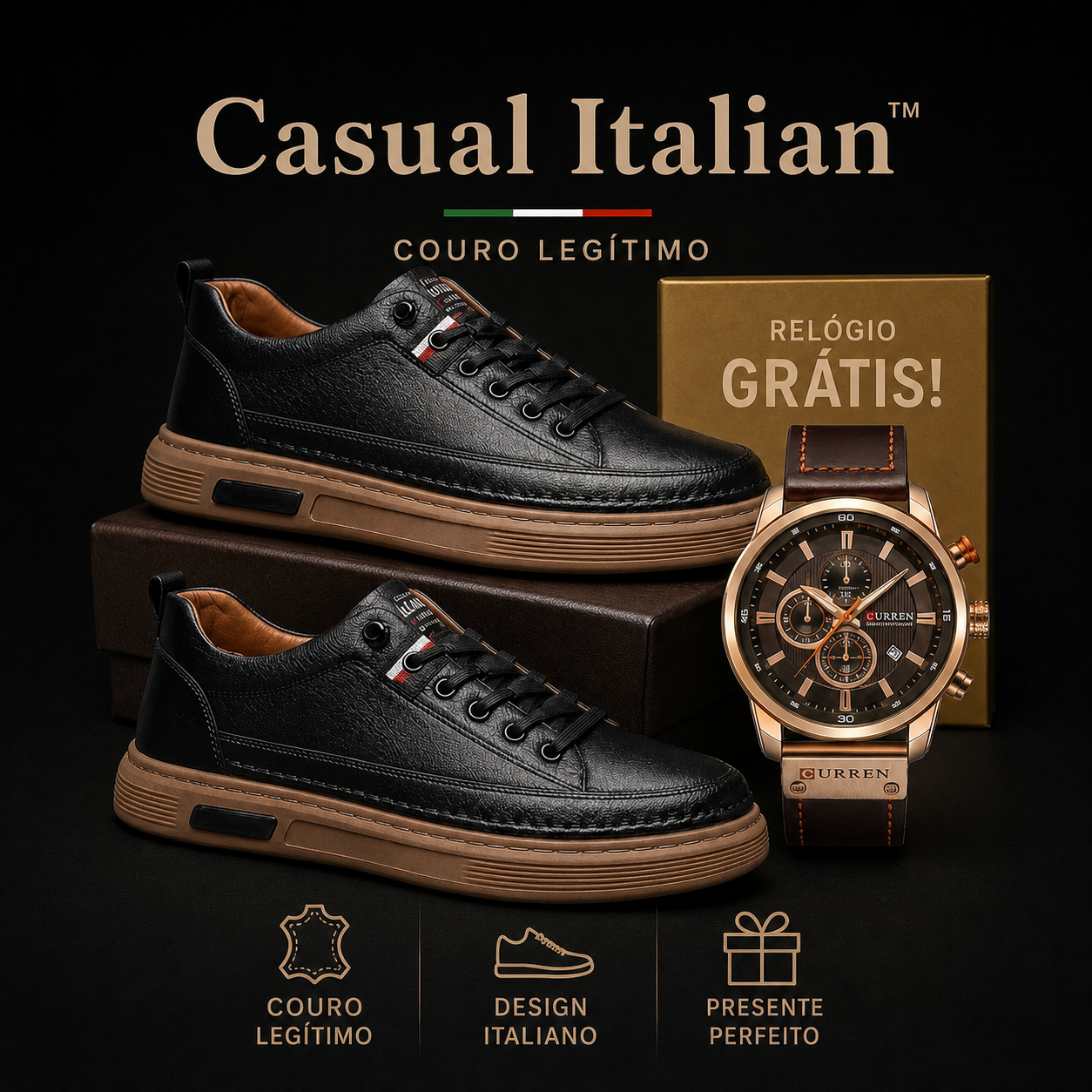 Tênis de couro Legitimo Ortopédico Italian™ + Relogio magnata de Brinde