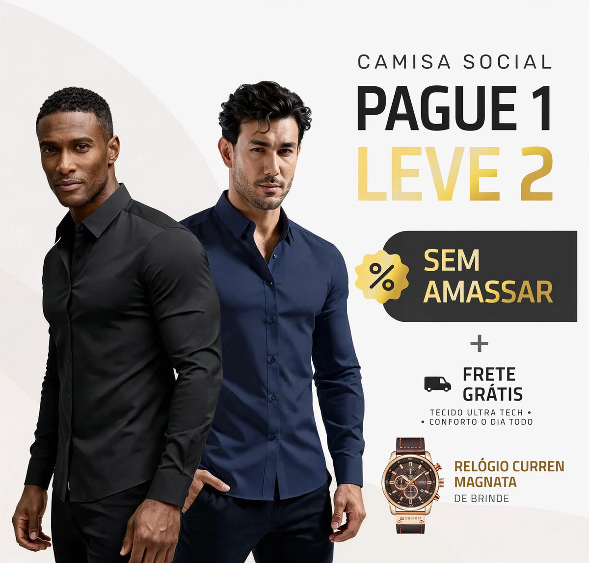 COMPRE 1 LEVE 2 | Camisa Social Ultra Elastech Anti amassados + Relogio de Brinde
